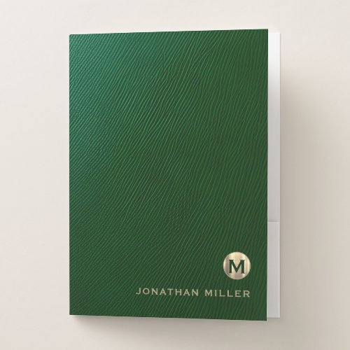 Green Leather Luxury Gold Round Monogram Pocket Folder