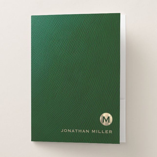 Green Leather Luxury Gold Round Monogram Pocket Folder (Front)