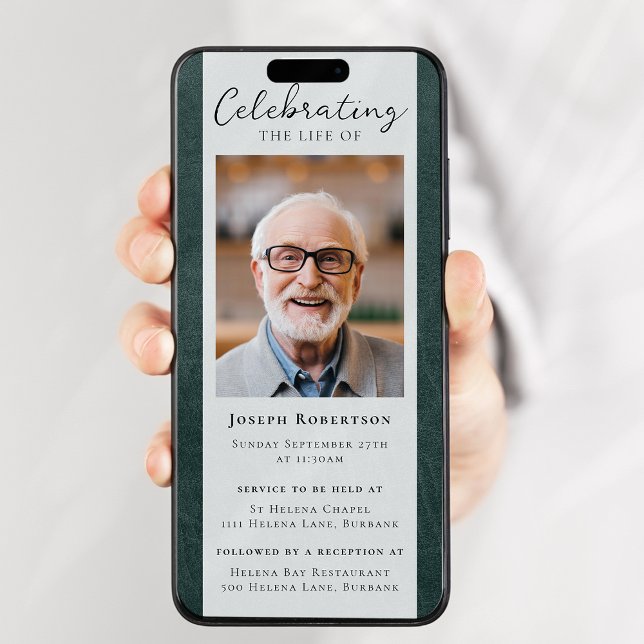 Green Leather Photo Funeral Digital Evite Invitation (Creator Uploaded)