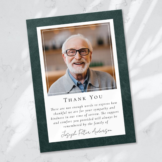 Green Leather Photo Keepsake Funeral Memorial Thank You Card (Creator Uploaded)