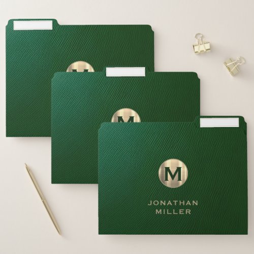 Green Leather Print Gold Monogram  File Folder