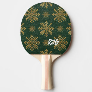 Green Leather Tooled with Gold Snowflakes Initials Ping Pong Paddle