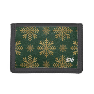 Green Leather Tooled with Gold Snowflakes Initials Tri-fold Wallet