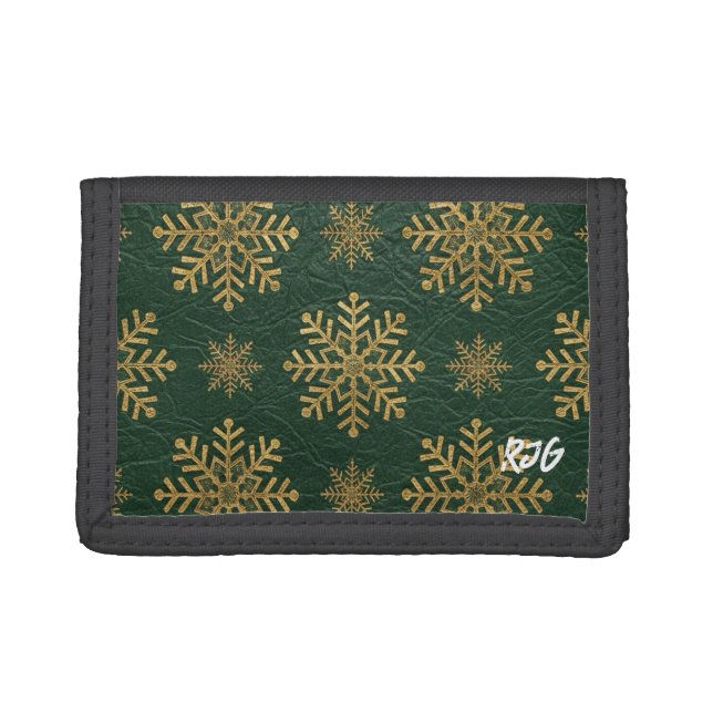 Green Leather Tooled with Gold Snowflakes Initials Trifold Wallet (Front)