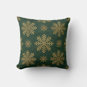 Green Leather Tooled with Gold Snowflakes Throw Pillow