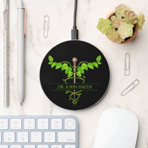 Green Leaves Alternative Medical Caduceus Black Wireless Charger