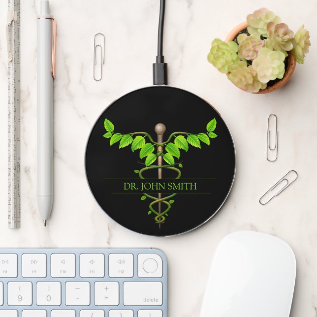Green Leaves Alternative Medical Caduceus Black Wireless Charger (Desk)