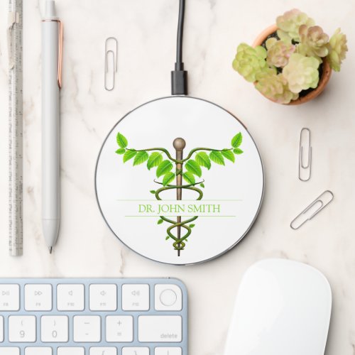 Green Leaves Alternative Medical Caduceus White Wireless Charger