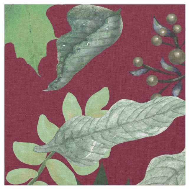 Green Leaves and Berries | Fall Colors Fabric (Close Up)