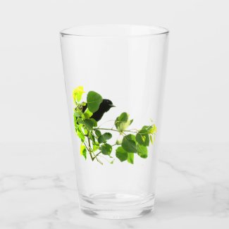 Green Leaves and Black Bird in Tree Glass Tumbler