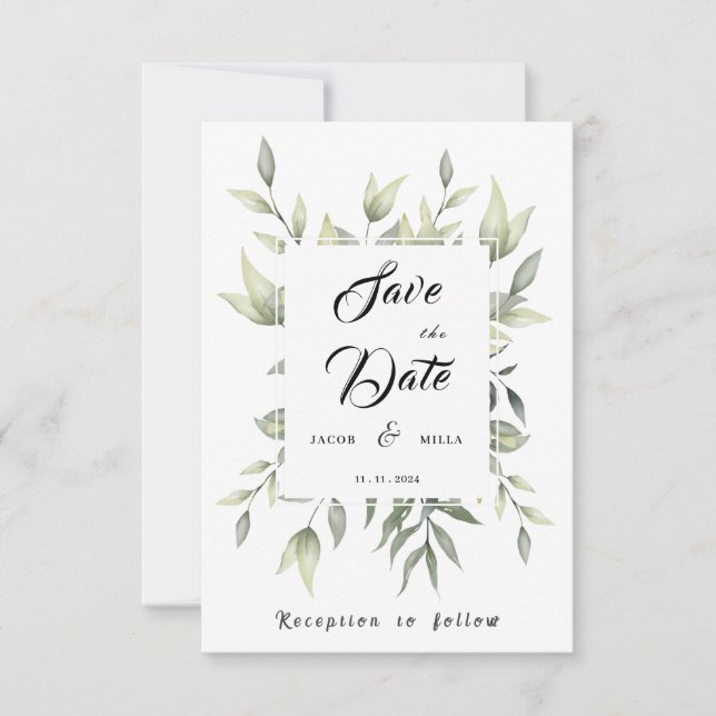 Green Leaves and Branches Watercolor  Save The Date (Front)
