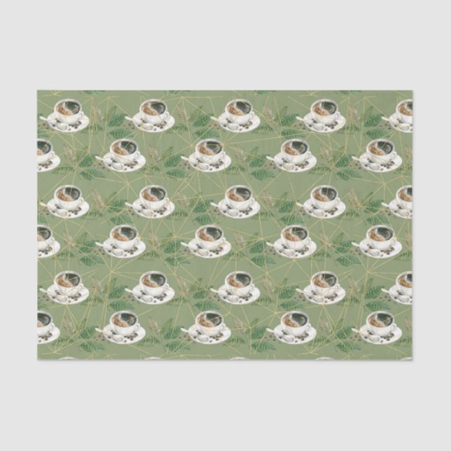 Green Leaves and Coffee Cup with Beans Tissue Paper (Front)