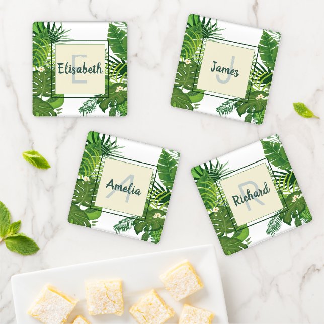 Green leaves and flowers tropical monogram coaster set (In Situ)
