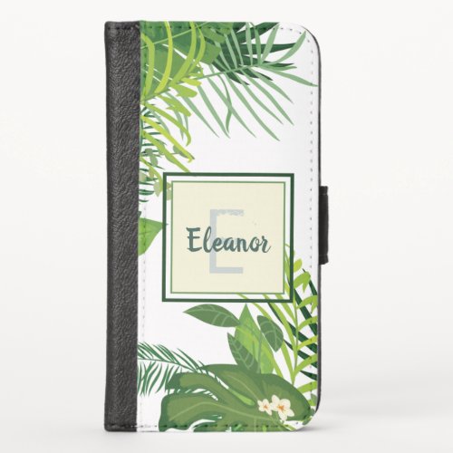 Green leaves and flowers tropical monogram iPhone x wallet case