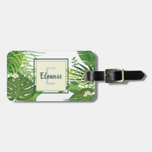 Green leaves and flowers tropical monogram luggage tag
