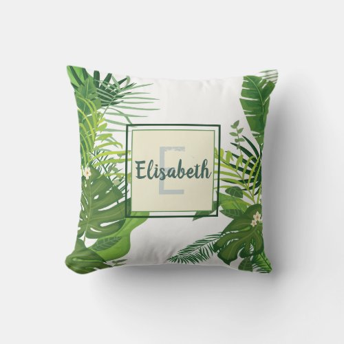 Green leaves and flowers tropical monogram throw pillow