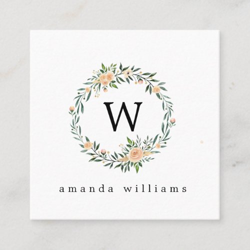 Green Leaves and Peony Wreath and Monogram Square Business Card