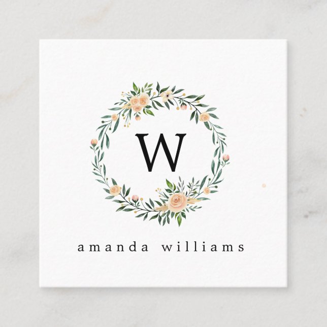 Green Leaves and Peony Wreath and Monogram Square Business Card (Front)