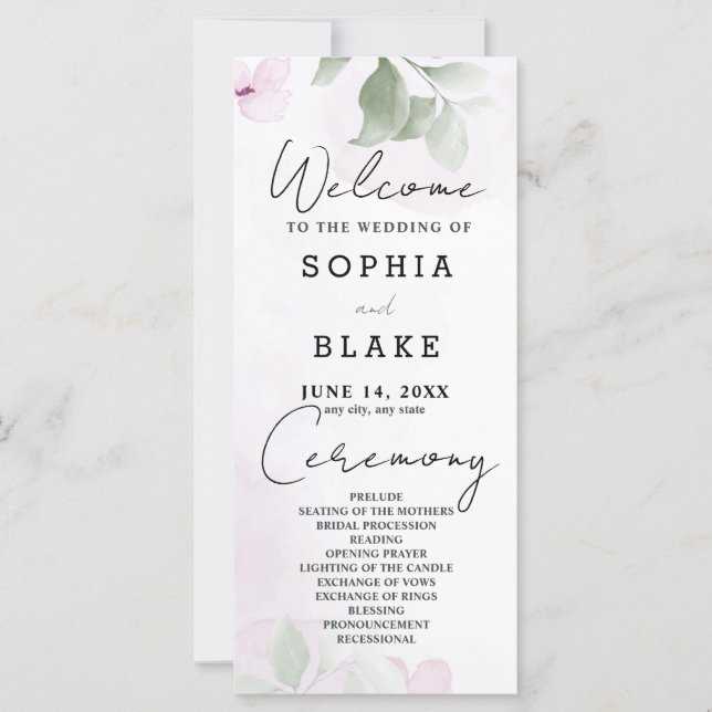 Green Leaves and Pink Flowers Wedding Program (Front)