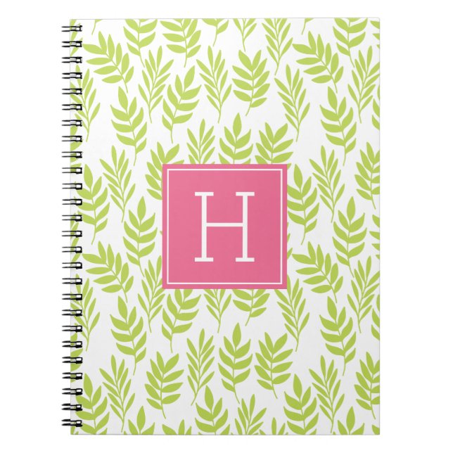 Green Leaves and Pink Monogram Notebook (Front)