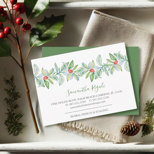 Green Leaves and Red Berries Business Cards