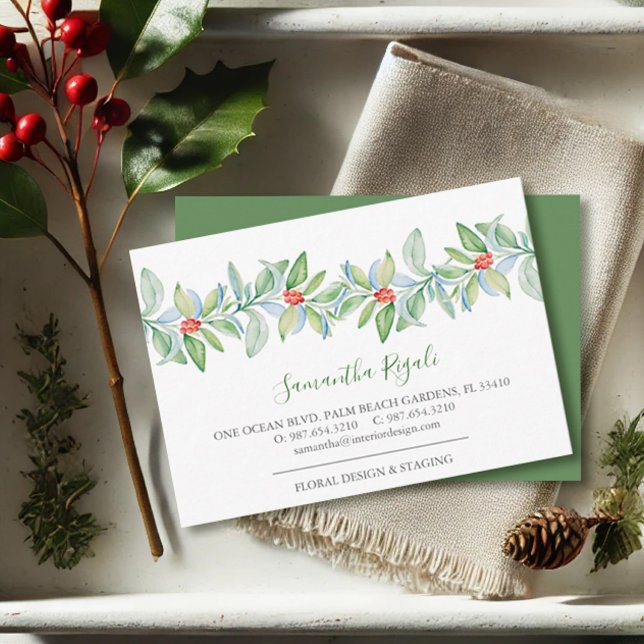 Green Leaves and Red Berries Business Cards (Christmas business cards watercolor red and green botanicals by Victoria Grigaliunas VG Invites)