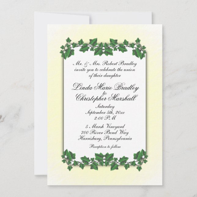 Green Leaves and Yellow Cream Wedding Invitation (Front)