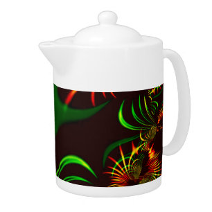 Green leaves and yellow fire-colored curves teapot
