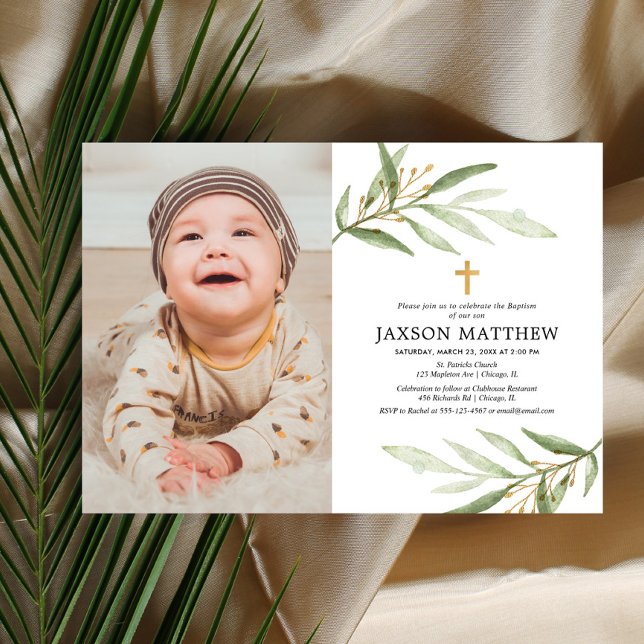Green leaves baptism dedication greenery photo invitation (Creator Uploaded)