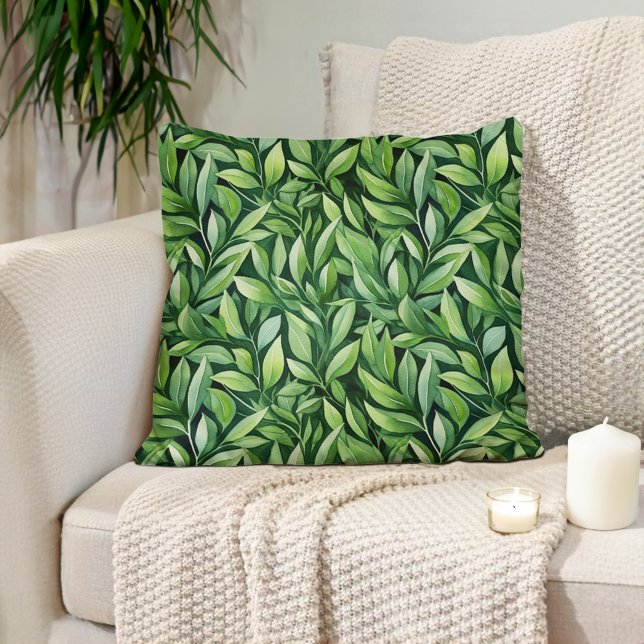Green Leaves Black Elegant Unique Modern Throw Pillow (Green leaves on black decorator pillow)