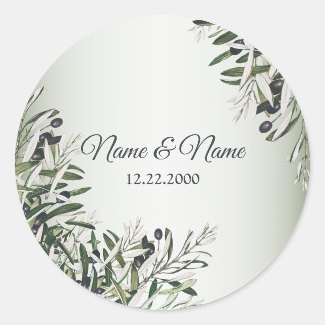 Green Leaves Black Olive Elegant Wedding Classic Round Sticker (Front)