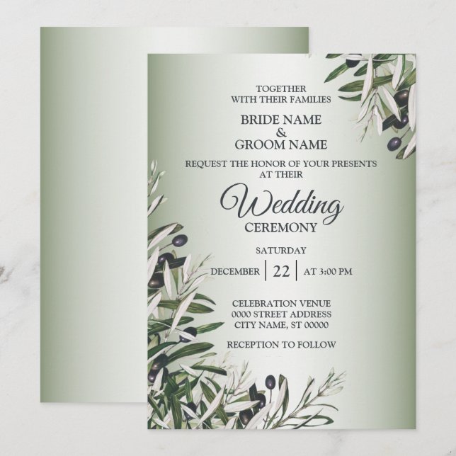 Green Leaves Black Olive Elegant Wedding Invitation (Front/Back)