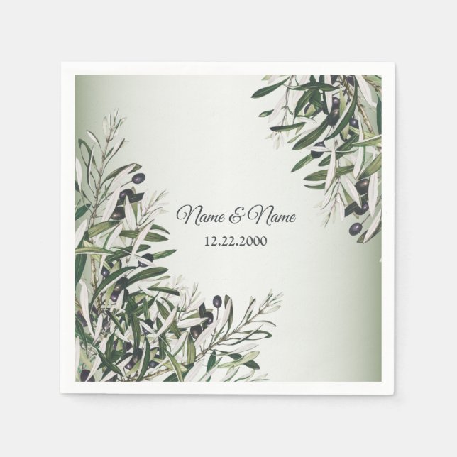 Green Leaves Black Olive Elegant Wedding Party Napkins (Front)