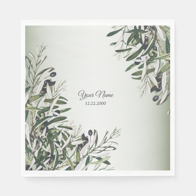 Green Leaves Black Olive Elegant Wedding Party Napkins (Front)