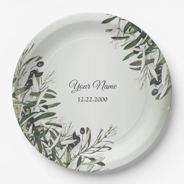 Green Leaves Black Olive Elegant Wedding Party Paper Plates (Front)