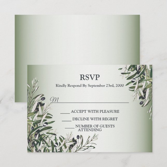 Green Leaves Black Olive Elegant Wedding Party RSVP Card (Front/Back)