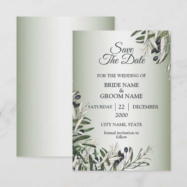 Green Leaves Black Olive Elegant Wedding Save The Date (Front/Back)