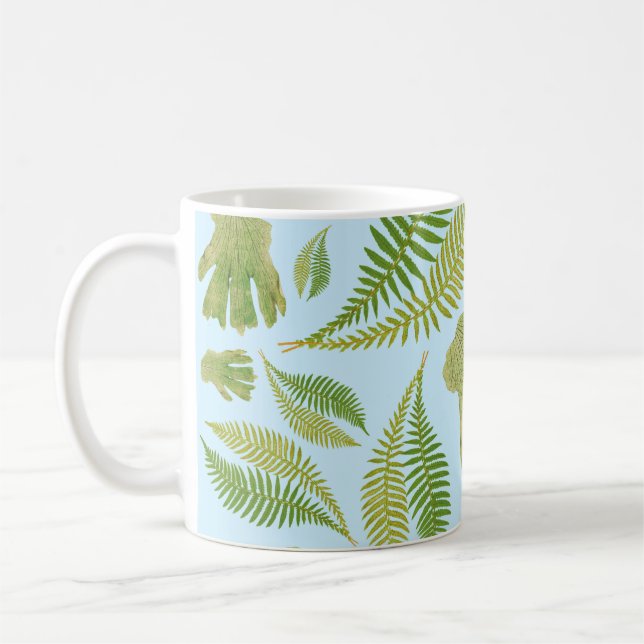 Green Leaves Blue Color. Leaf Pattern Coffee Mug (Left)