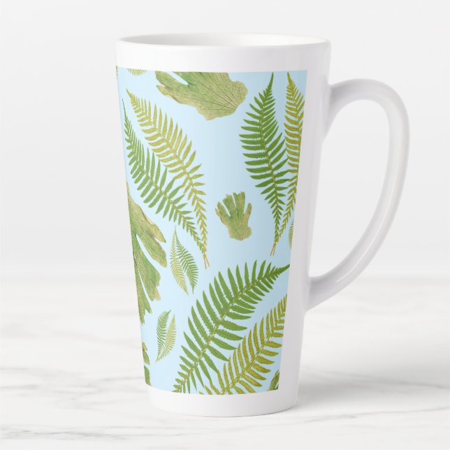 Green Leaves Blue Color. Leaf Pattern Latte Mug (Right)