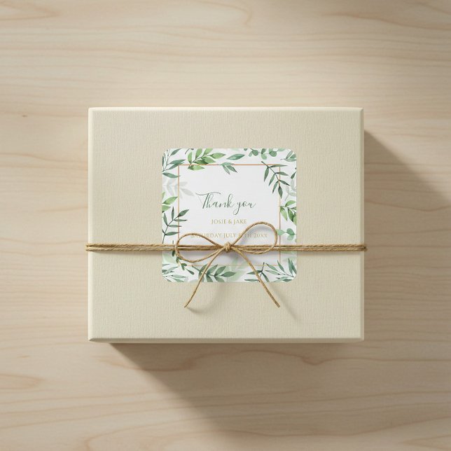 Green leaves border wedding thank you sticker (Green leaves border wedding thank you sticker.)