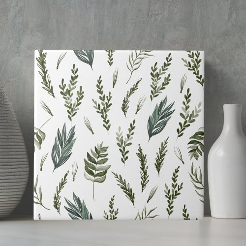Green Leaves Botanical Pattern Ceramic Tile