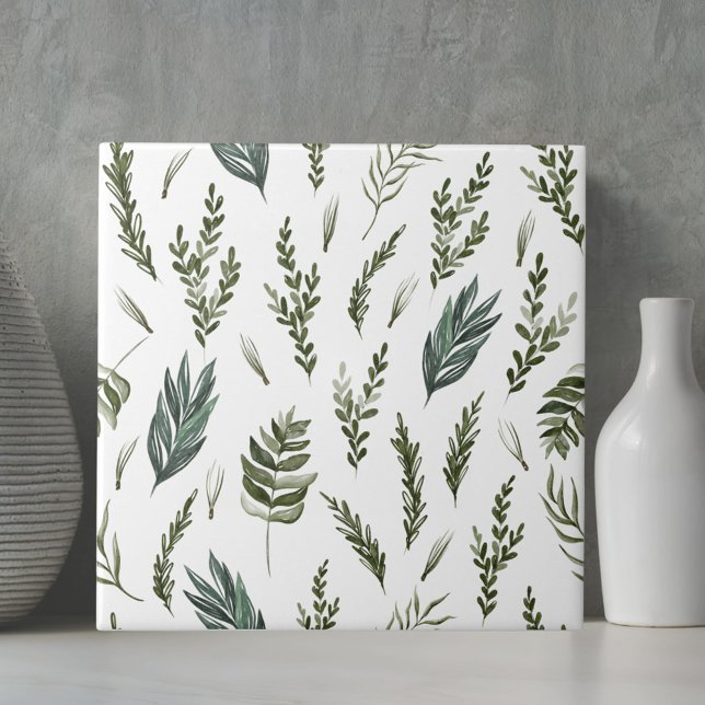 Green Leaves Botanical Pattern Ceramic Tile (Close up)