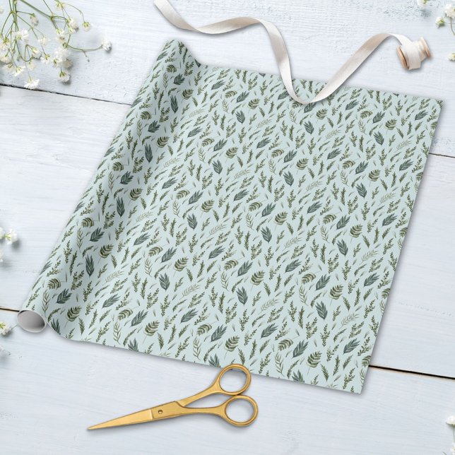 Green Leaves Botanical Pattern Wrapping Paper (Close up)
