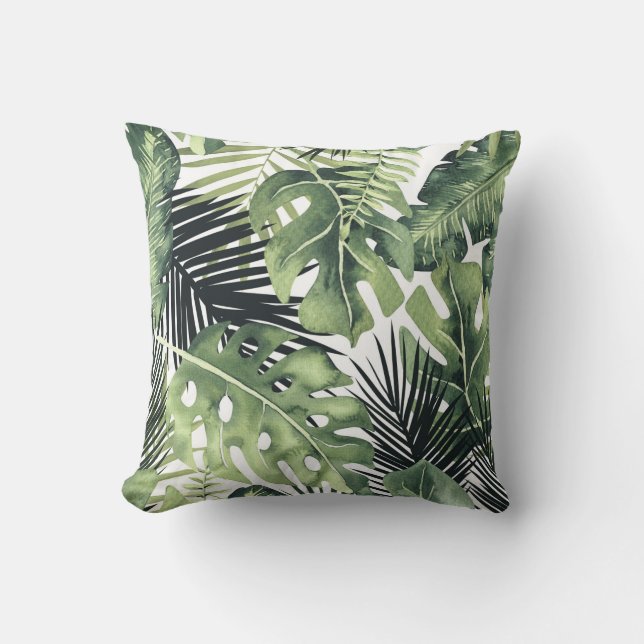 Green Leaves Botanical Tropical Plants Summer Chic Throw Pillow (Front)