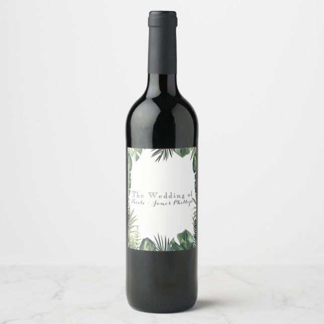 Green Leaves Botanical Tropical Plants Wine Labels (Front)
