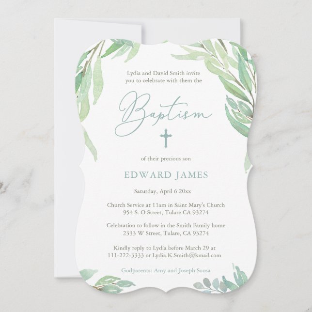 Green Leaves Boy Baptism Ceremony And Party Invitation (Front)