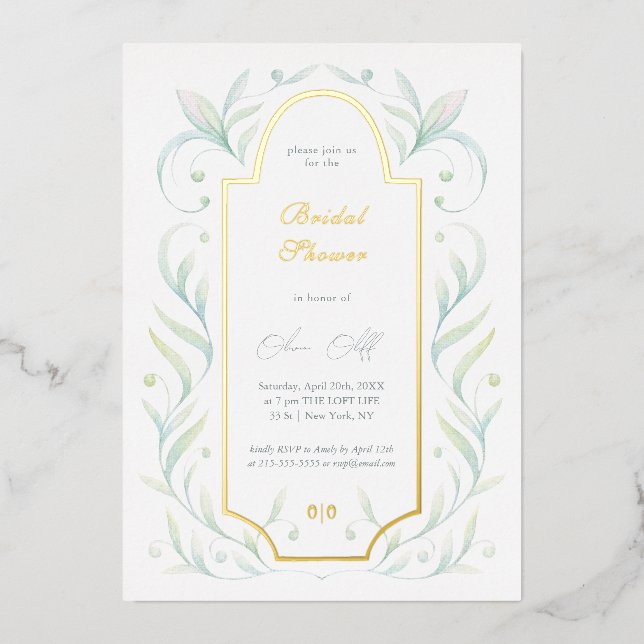 Green Leaves Bridal Shower Foil Invitation (Front)
