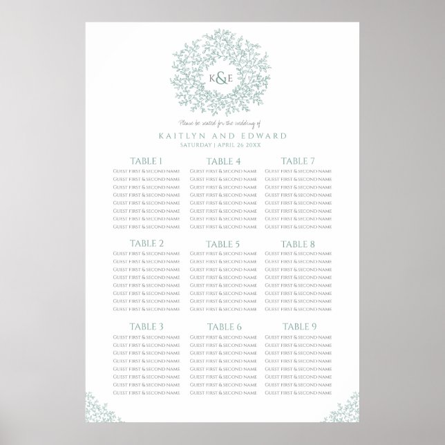 Green leaves circle wedding seating chart poster (Front)