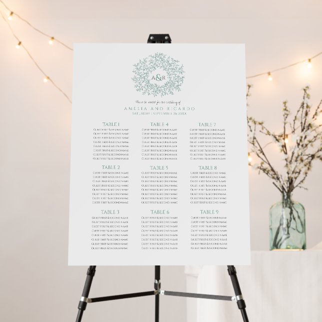 Green leaves circle wedding seating chart welcome foam board (In Situ (Stand))