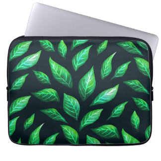 Green Leaves Dark Abstract Ink Drawn Pattern Laptop Sleeve
